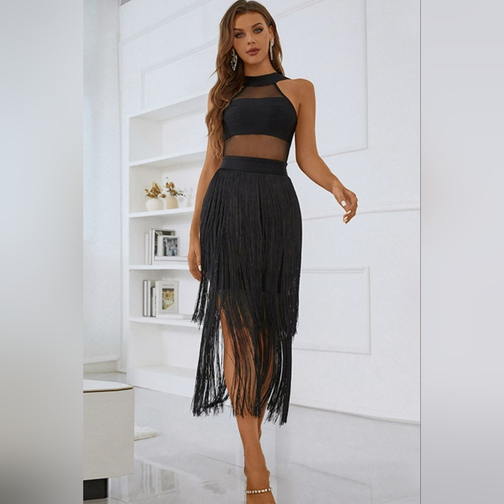 NWOT -- Sexy Black Bodycon Dress With Fringe And Mesh. Size M.